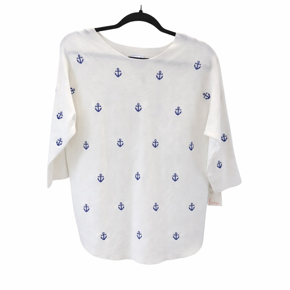 Luna White Navy Anchor Print Knit Top Medium Boat Neck 3/4 Sleeve Nautical